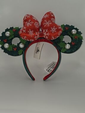 Disney Red Snowflake Bow Minnie Ears with Green Holly Wreaths